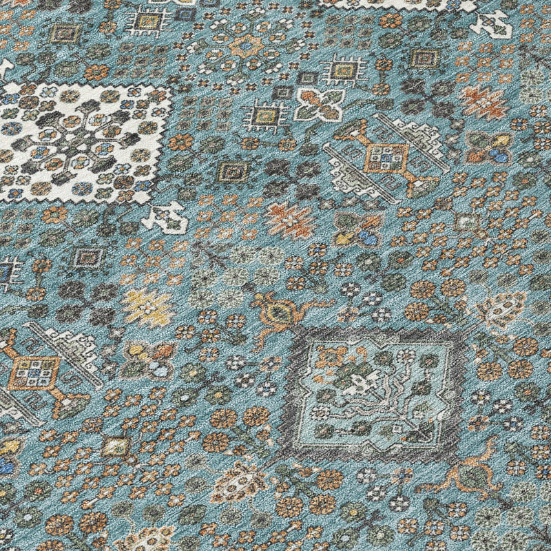 8' Teal Blue And Ivory Round Geometric Washable Indoor Outdoor Area Rug Homeroots Outdoor