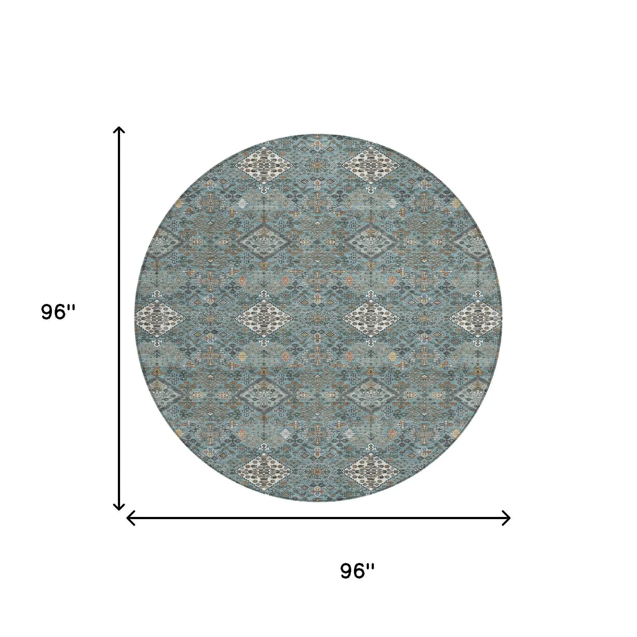 8' Teal Blue And Ivory Round Geometric Washable Indoor Outdoor Area Rug Homeroots Outdoor