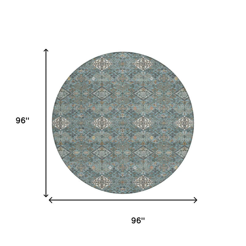 8' Teal Blue And Ivory Round Geometric Washable Indoor Outdoor Area Rug Homeroots Outdoor