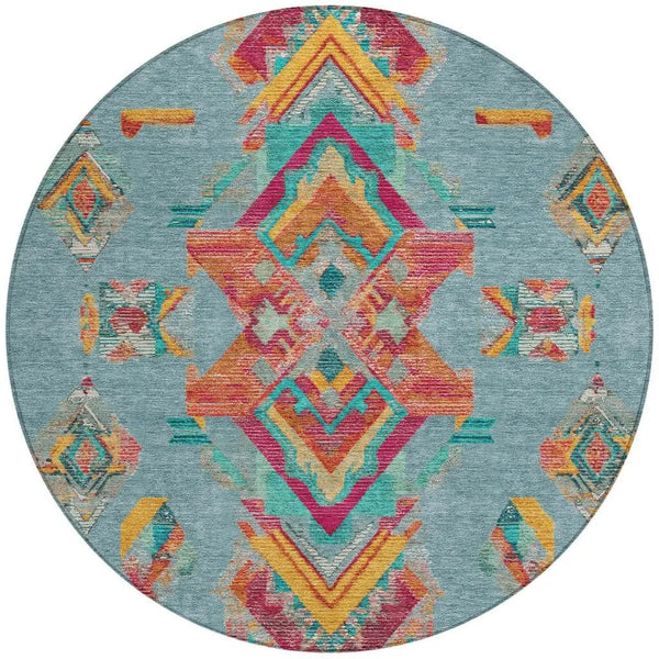 8' Teal Blue And Ivory Round Tribal Washable Indoor Outdoor Area Rug Homeroots Outdoor