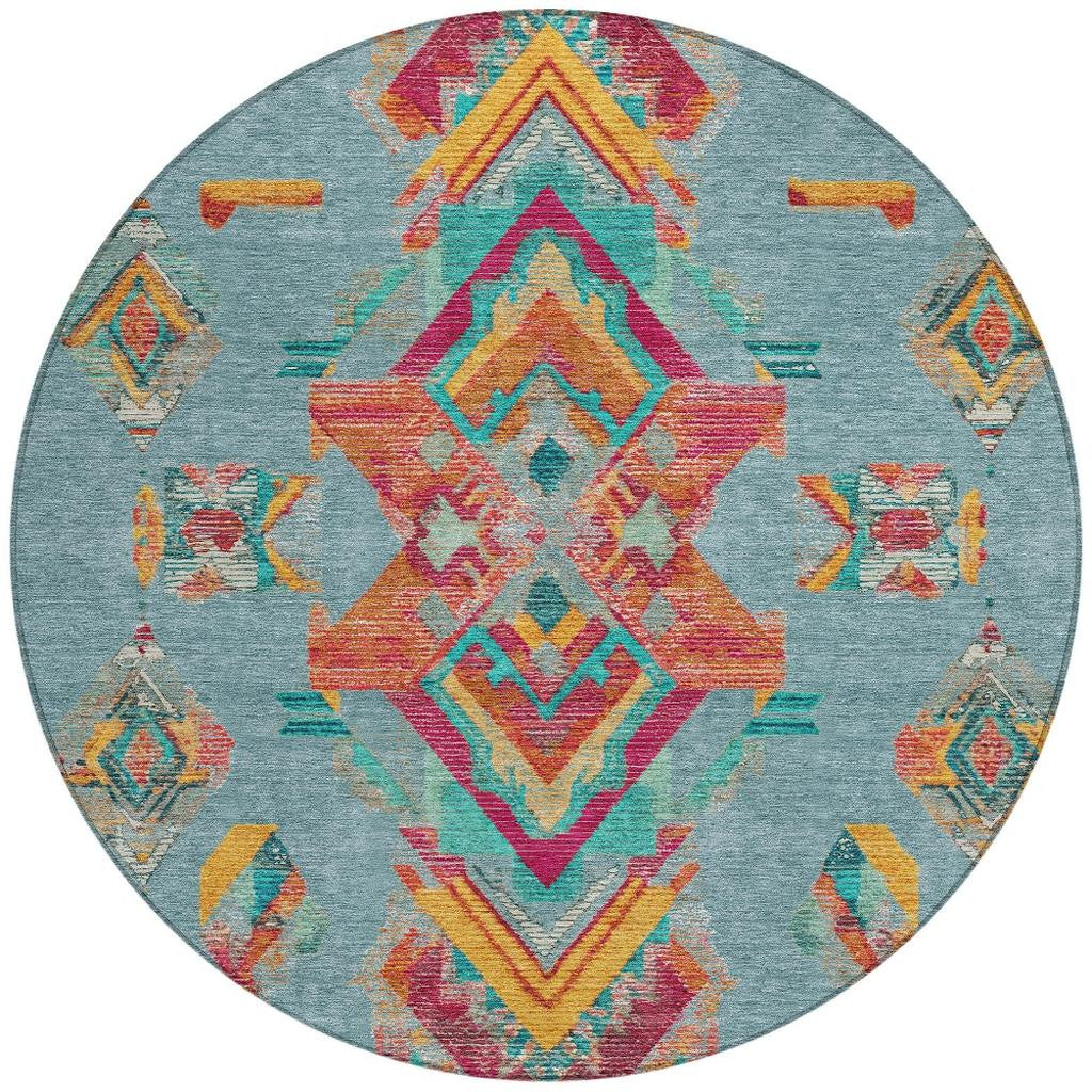 8' Teal Blue And Ivory Round Tribal Washable Indoor Outdoor Area Rug Homeroots Outdoor