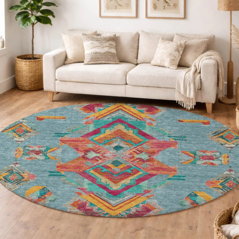 8' Teal Blue And Ivory Round Tribal Washable Indoor Outdoor Area Rug Homeroots Outdoor