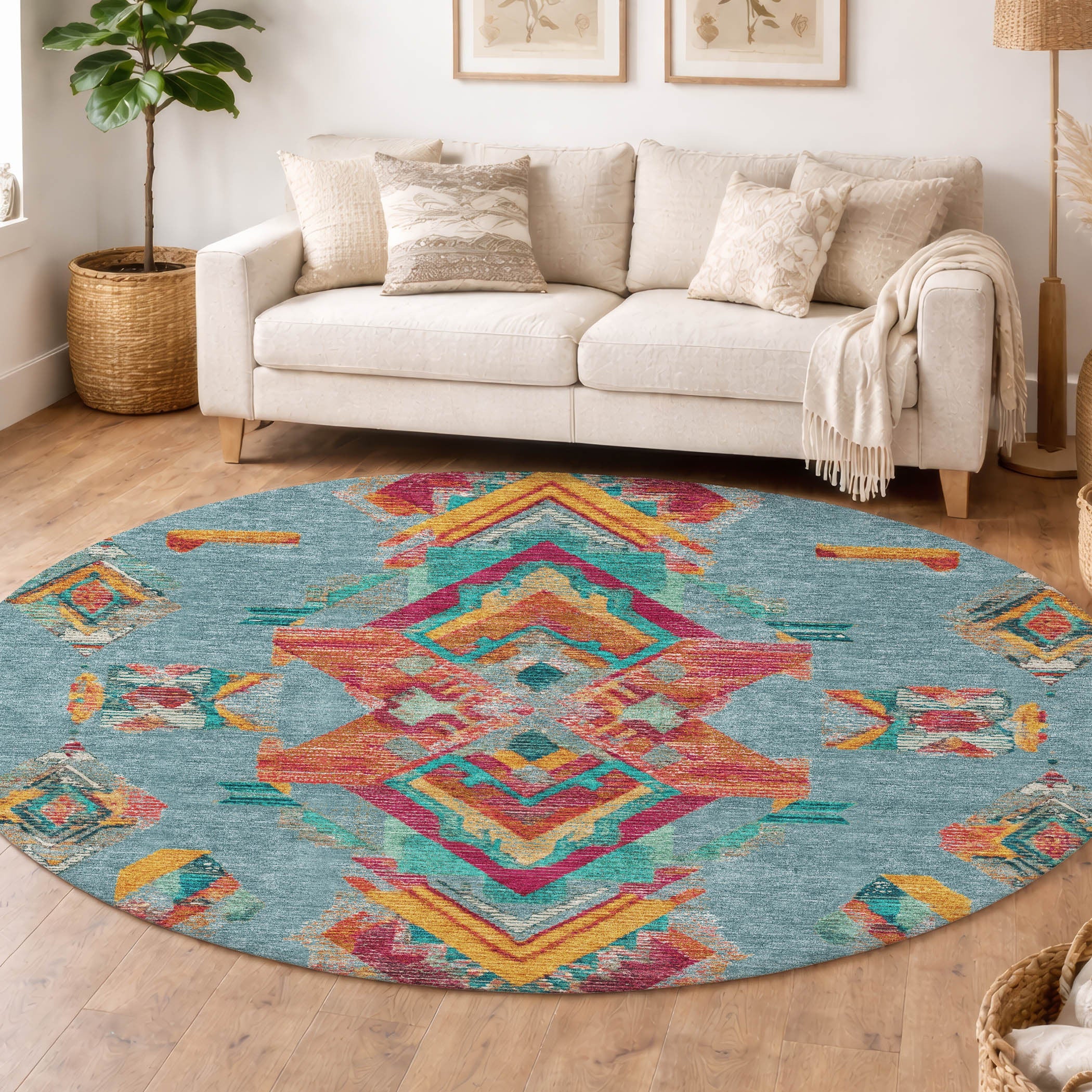8' Teal Blue And Ivory Round Tribal Washable Indoor Outdoor Area Rug Homeroots Outdoor