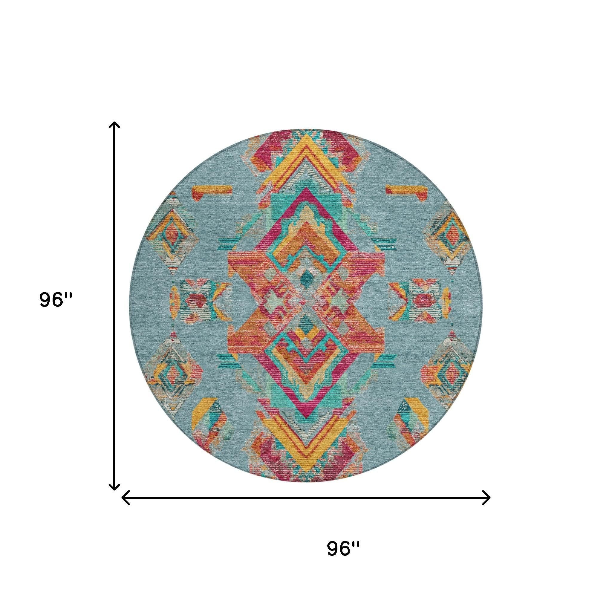 8' Teal Blue And Ivory Round Tribal Washable Indoor Outdoor Area Rug Homeroots Outdoor