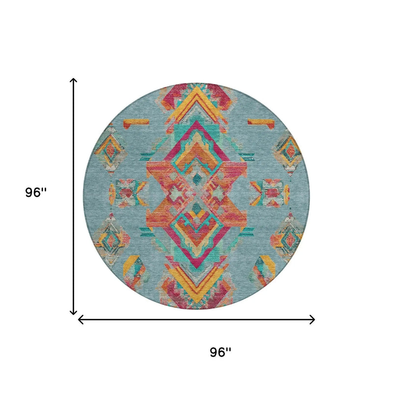 8' Teal Blue And Ivory Round Tribal Washable Indoor Outdoor Area Rug Homeroots Outdoor