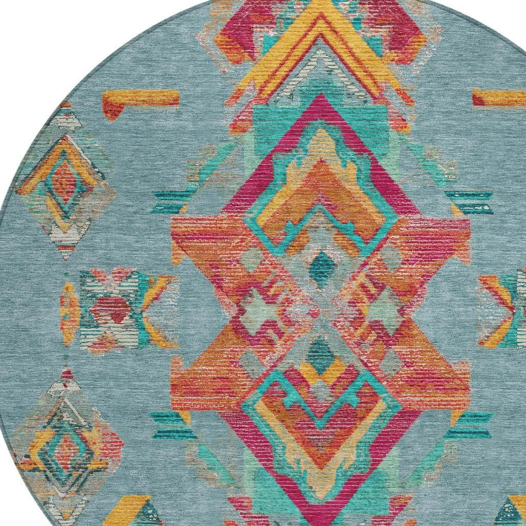8' Teal Blue And Ivory Round Tribal Washable Indoor Outdoor Area Rug Homeroots Outdoor