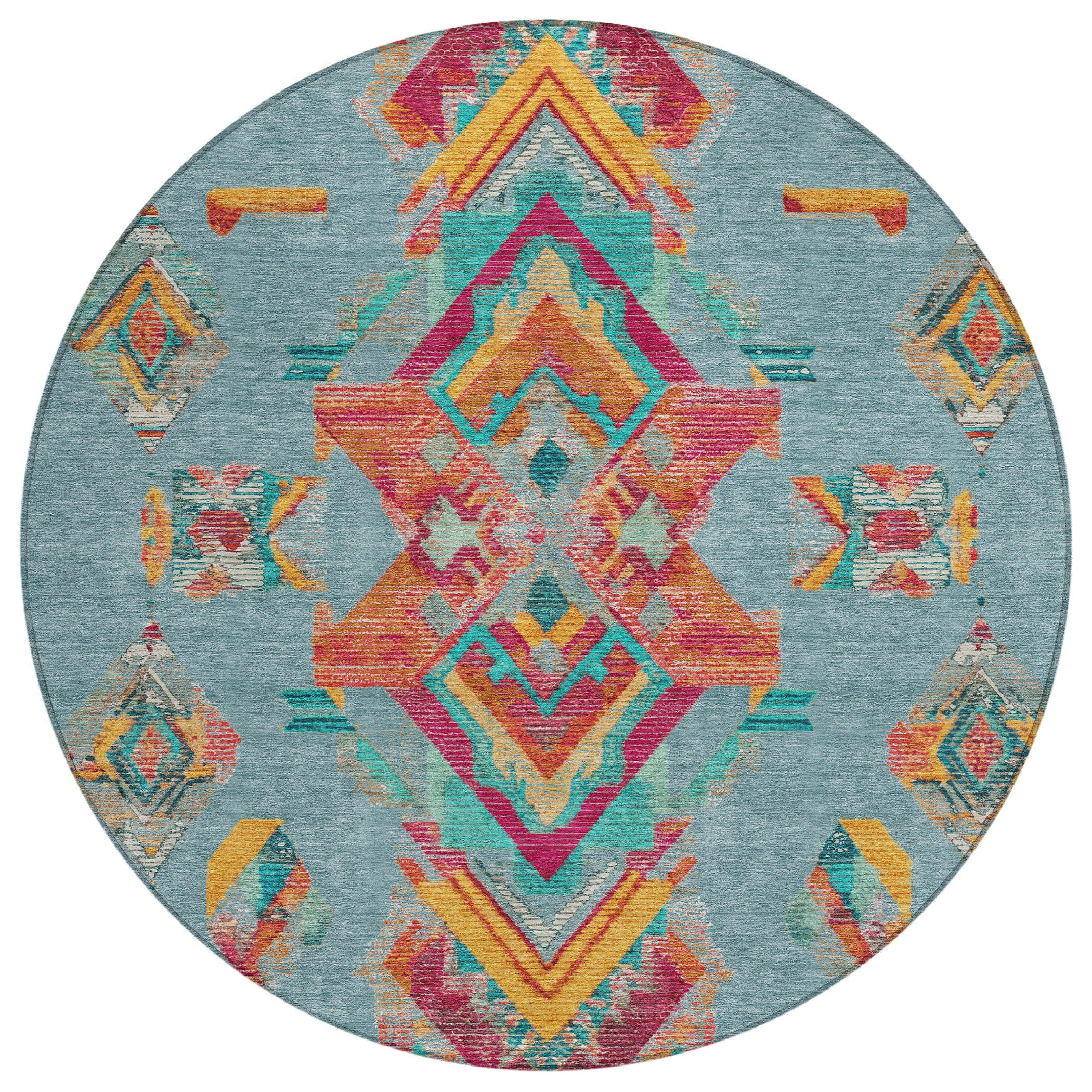 8' Teal Blue And Ivory Round Tribal Washable Indoor Outdoor Area Rug Homeroots Outdoor
