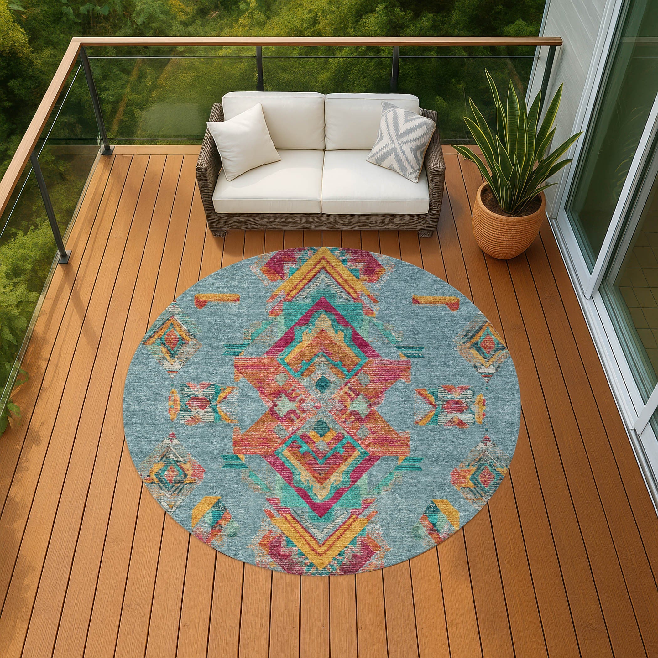 8' Teal Blue And Ivory Round Tribal Washable Indoor Outdoor Area Rug Homeroots Outdoor
