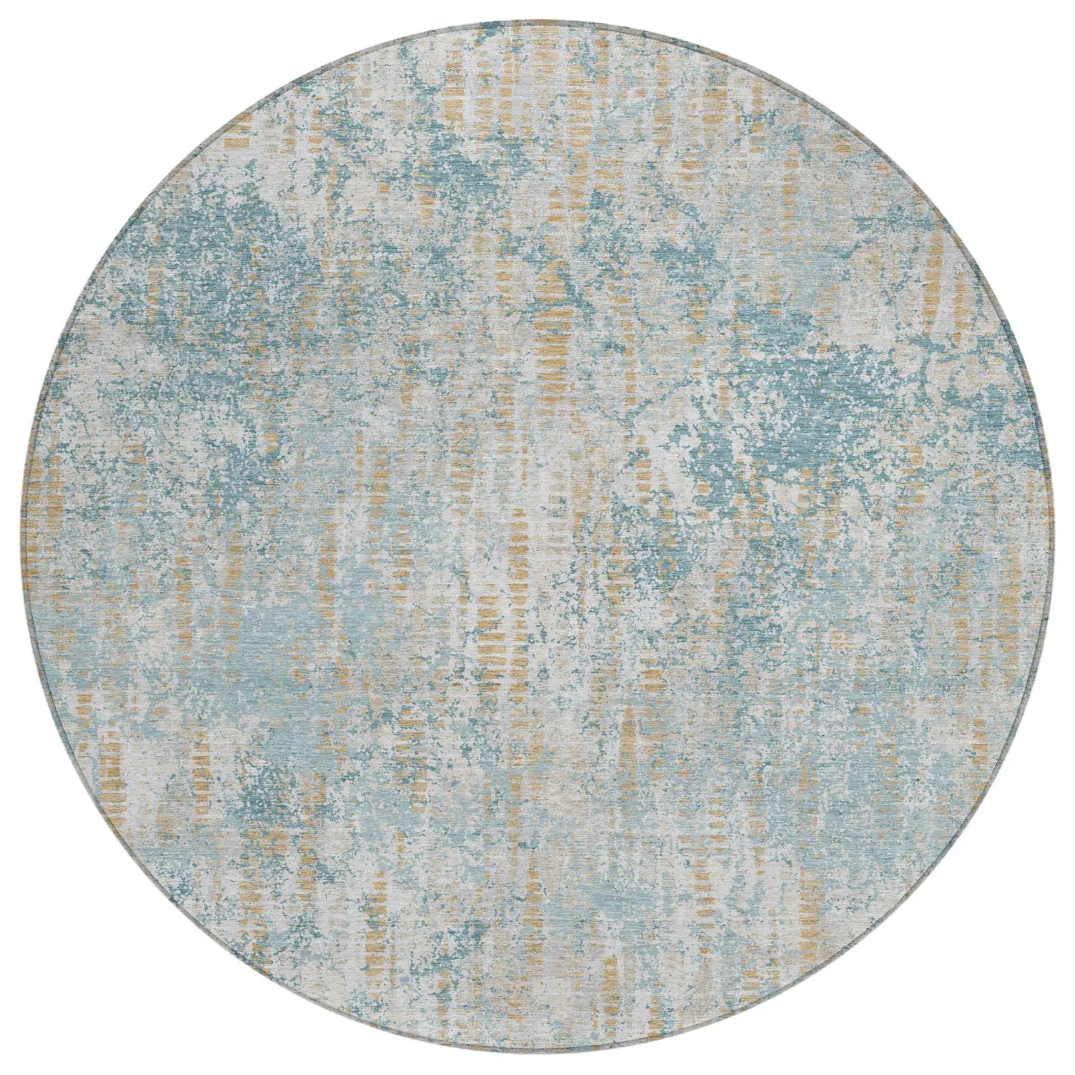 8' Teal Blue And Linen Round Abstract Washable Indoor Outdoor Area Rug Homeroots Outdoor
