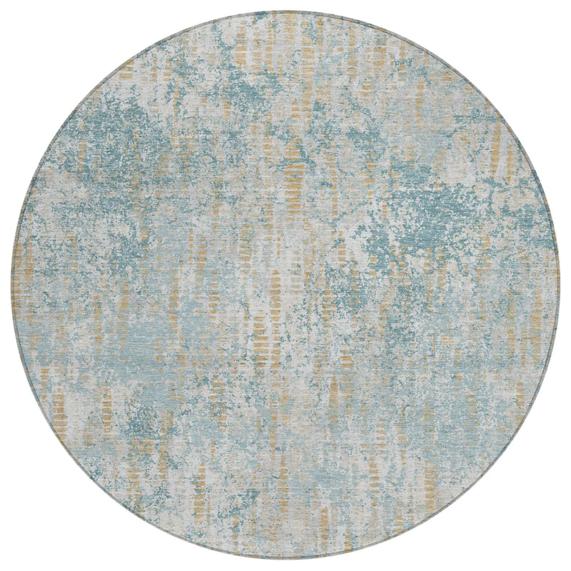 8' Teal Blue And Linen Round Abstract Washable Indoor Outdoor Area Rug Homeroots Outdoor