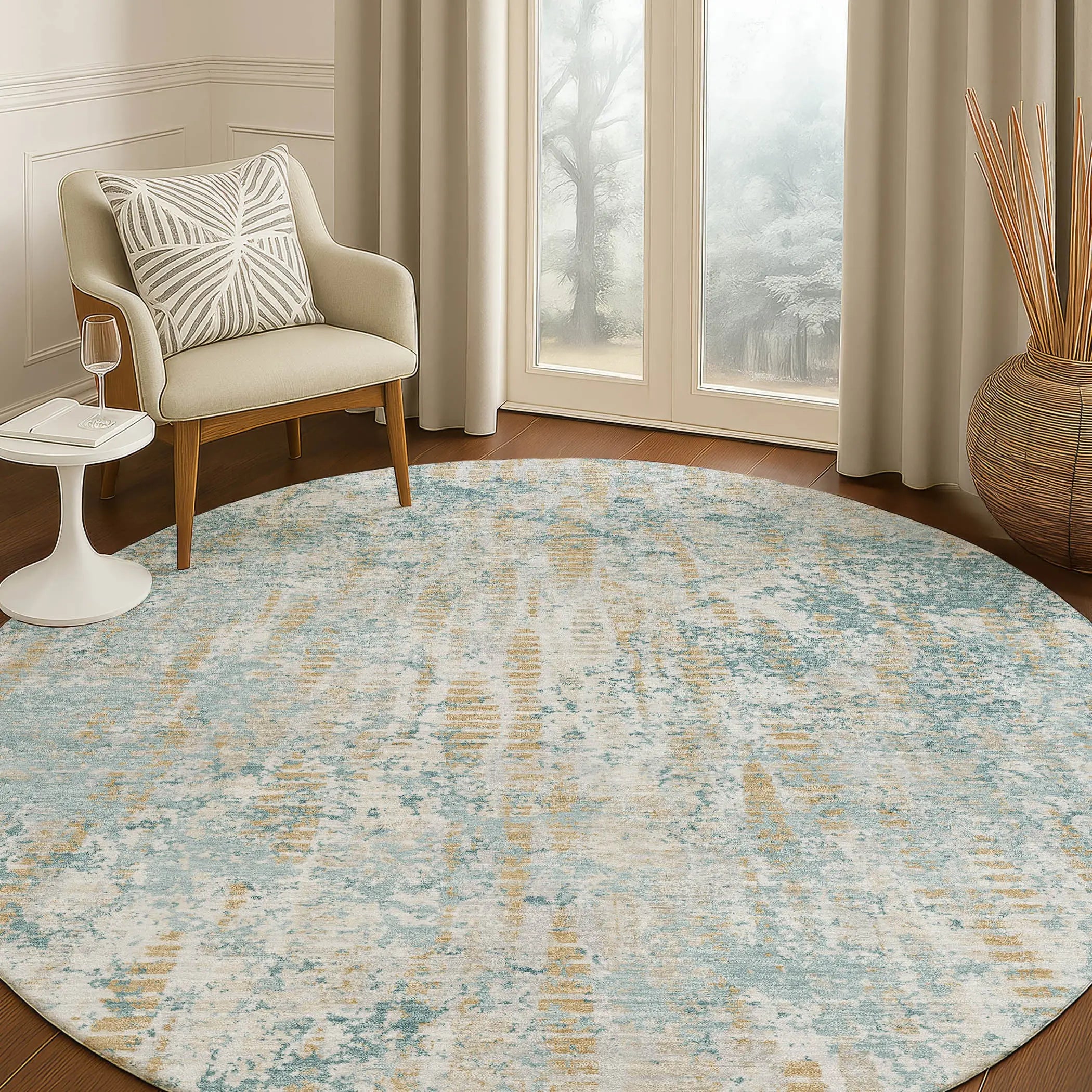 8' Teal Blue And Linen Round Abstract Washable Indoor Outdoor Area Rug Homeroots Outdoor