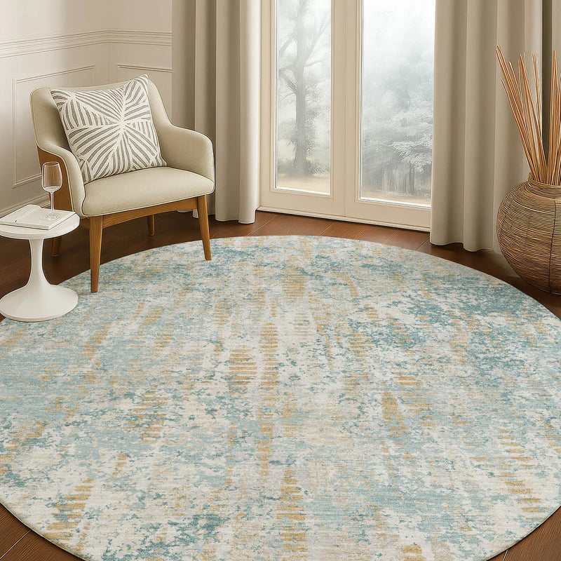 8' Teal Blue And Linen Round Abstract Washable Indoor Outdoor Area Rug Homeroots Outdoor
