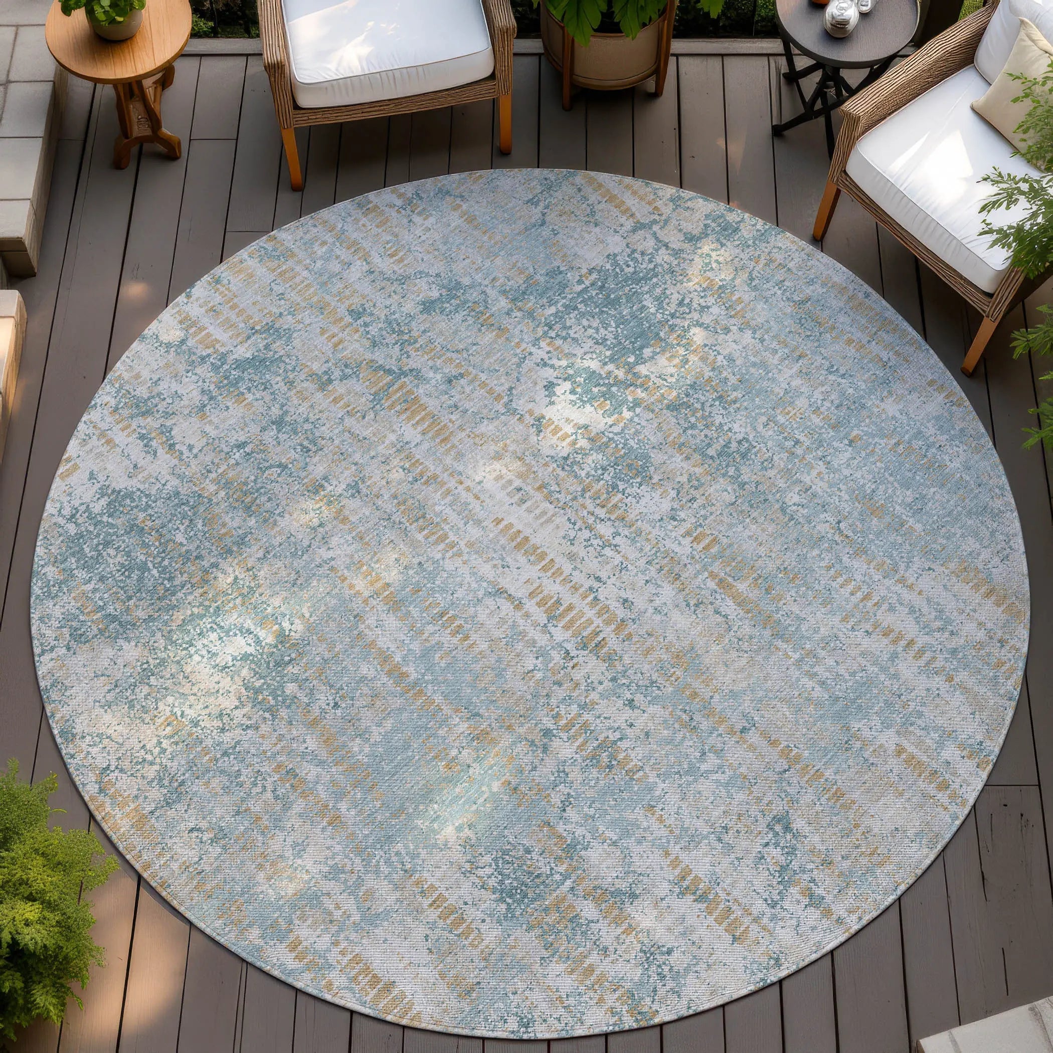 8' Teal Blue And Linen Round Abstract Washable Indoor Outdoor Area Rug Homeroots Outdoor