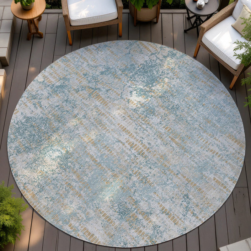 8' Teal Blue And Linen Round Abstract Washable Indoor Outdoor Area Rug Homeroots Outdoor