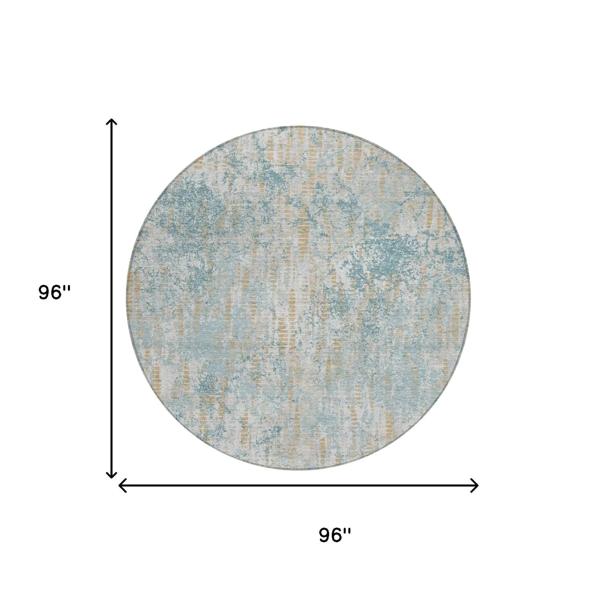 8' Teal Blue And Linen Round Abstract Washable Indoor Outdoor Area Rug Homeroots Outdoor