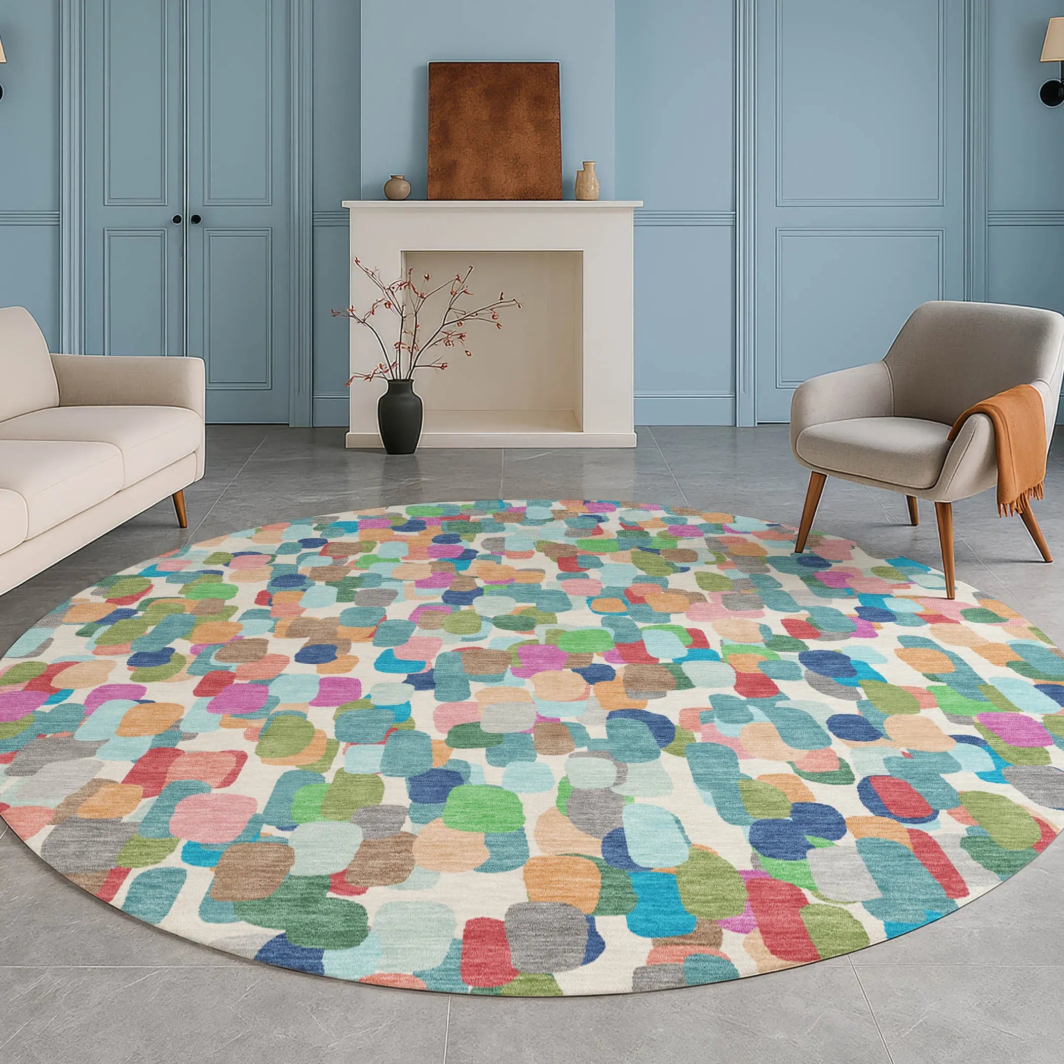 8' Teal Blue And Navy Blue Round Abstract Washable Indoor Outdoor Area Rug Homeroots Outdoor