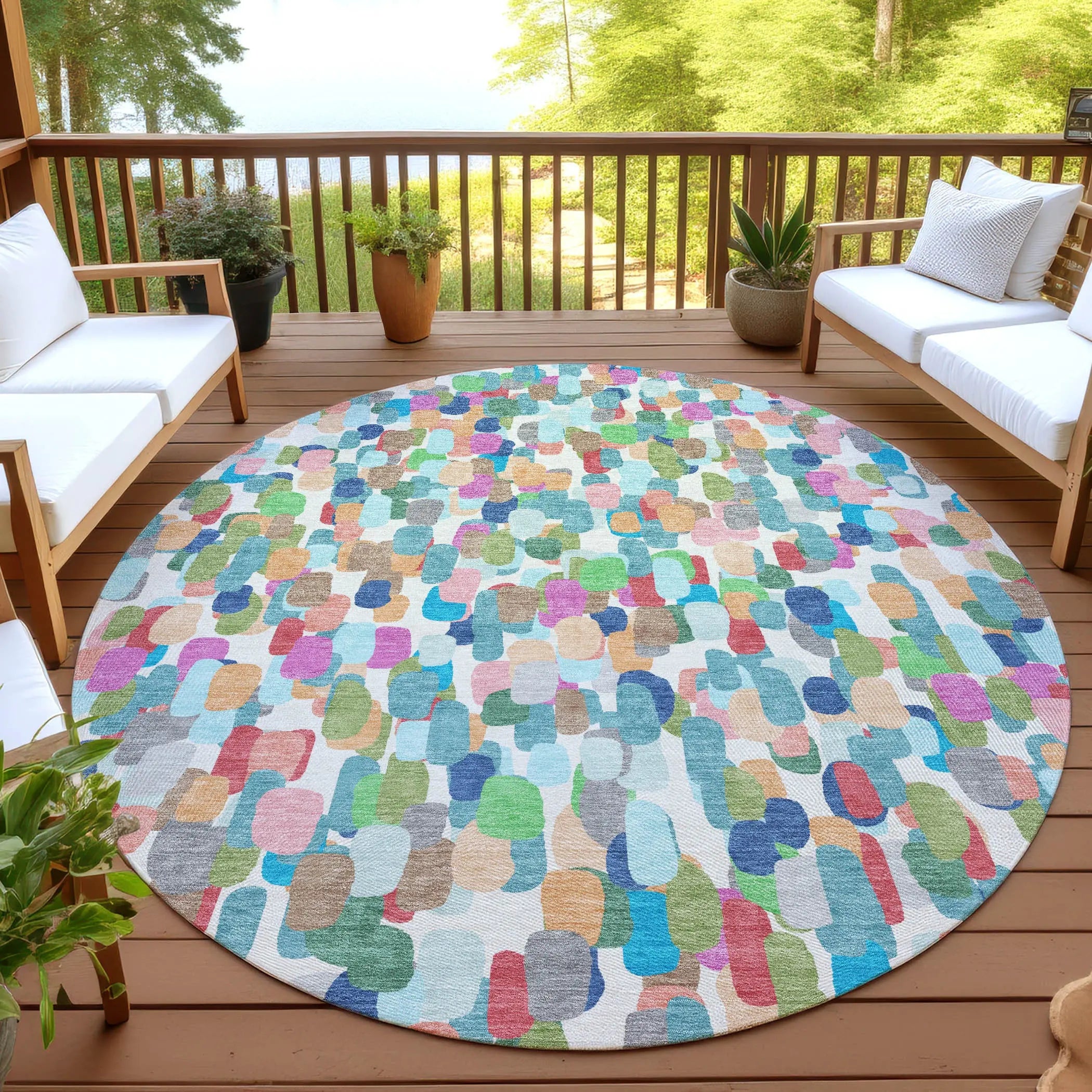 8' Teal Blue And Navy Blue Round Abstract Washable Indoor Outdoor Area Rug Homeroots Outdoor