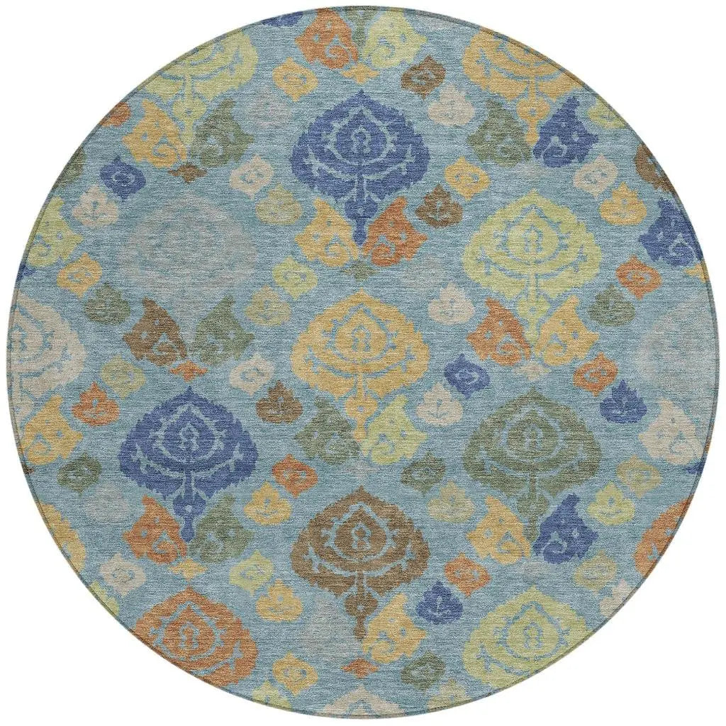 8' Teal Blue And Navy Blue Round Damask Washable Indoor Outdoor Area Rug Homeroots Outdoor