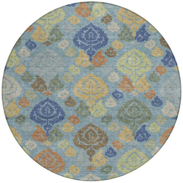 8' Teal Blue And Navy Blue Round Damask Washable Indoor Outdoor Area Rug Homeroots Outdoor