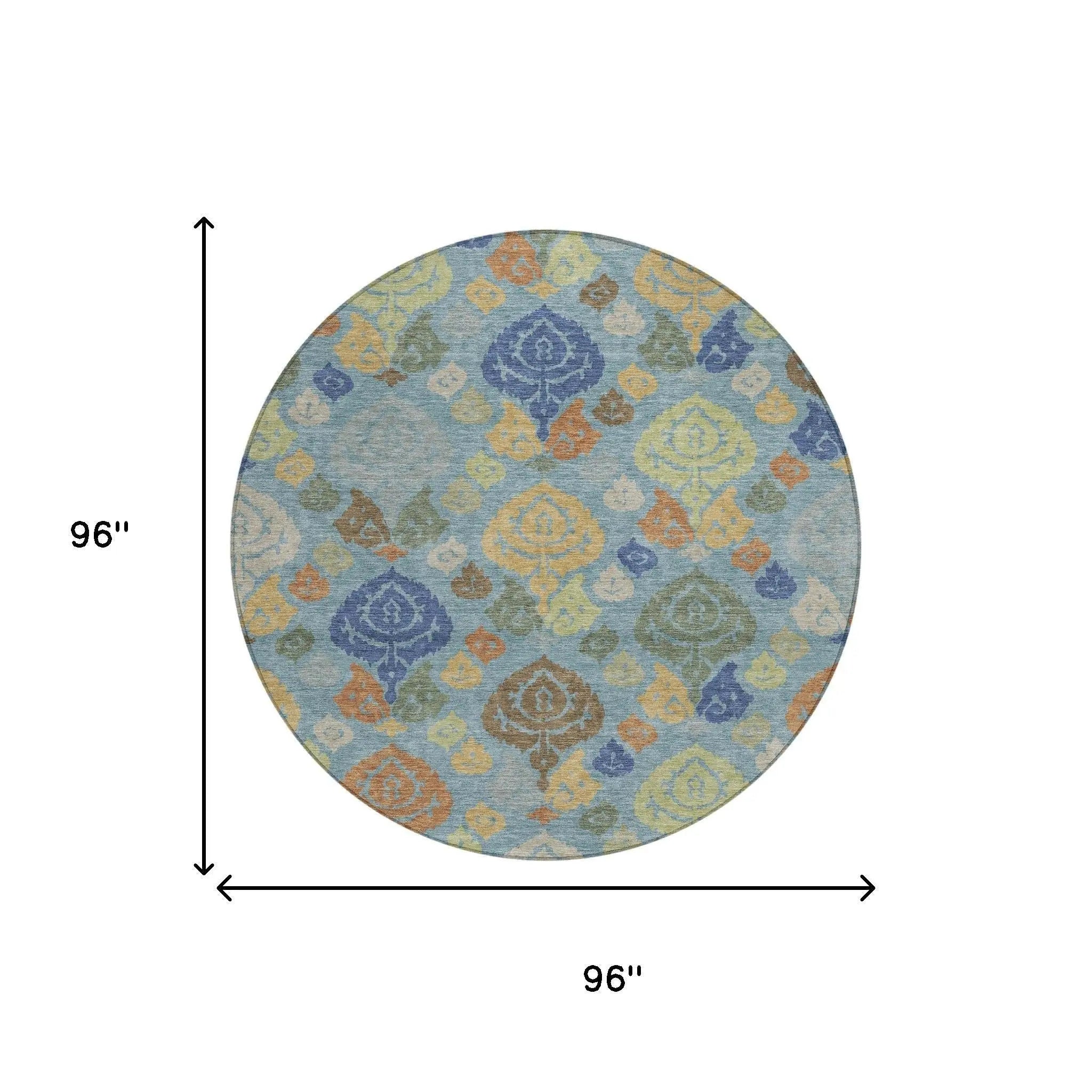 8' Teal Blue And Navy Blue Round Damask Washable Indoor Outdoor Area Rug Homeroots Outdoor