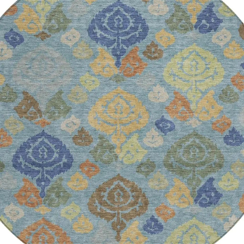 8' Teal Blue And Navy Blue Round Damask Washable Indoor Outdoor Area Rug Homeroots Outdoor