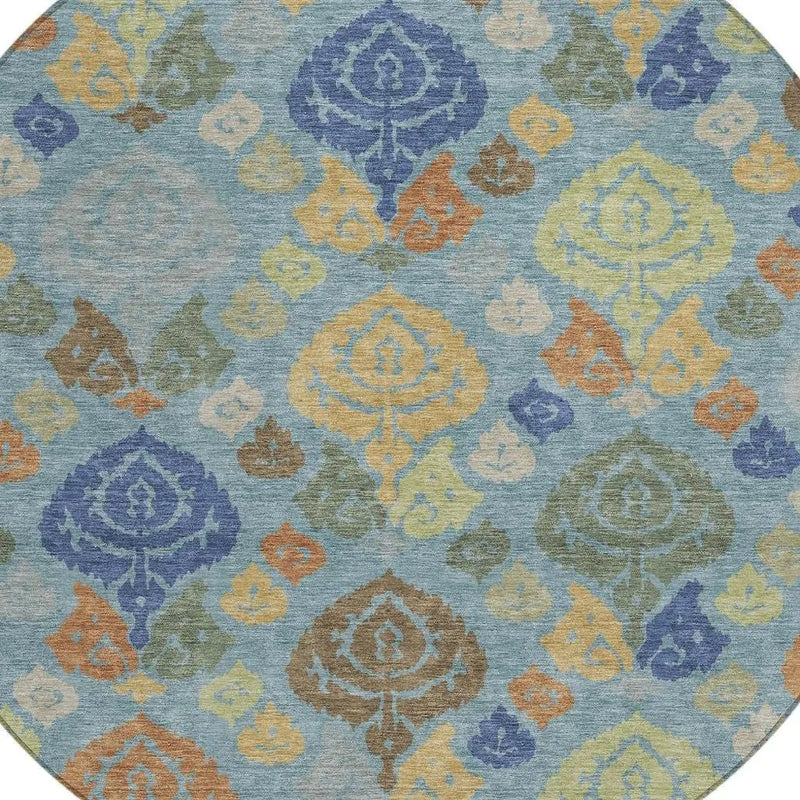 8' Teal Blue And Navy Blue Round Damask Washable Indoor Outdoor Area Rug Homeroots Outdoor