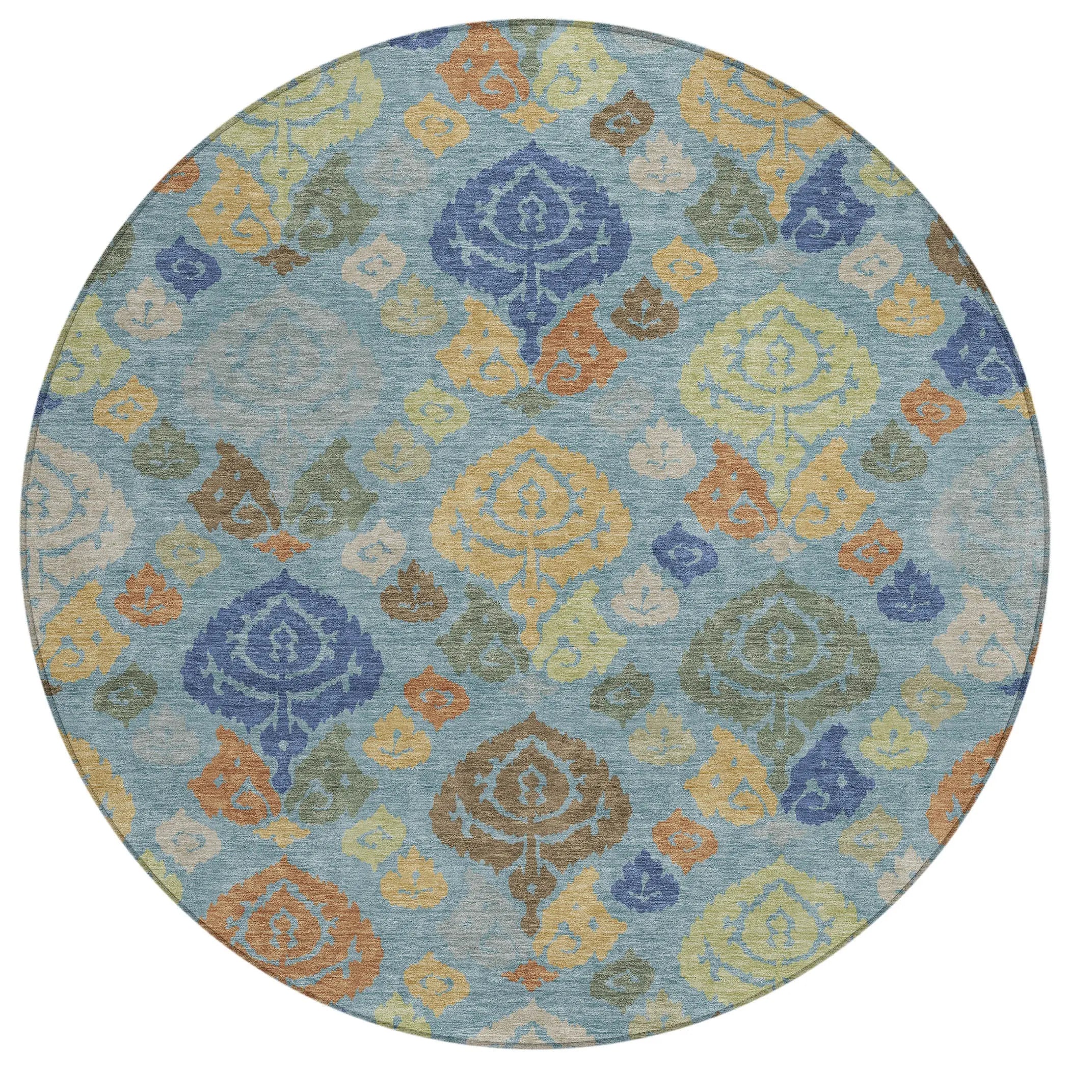 8' Teal Blue And Navy Blue Round Damask Washable Indoor Outdoor Area Rug Homeroots Outdoor