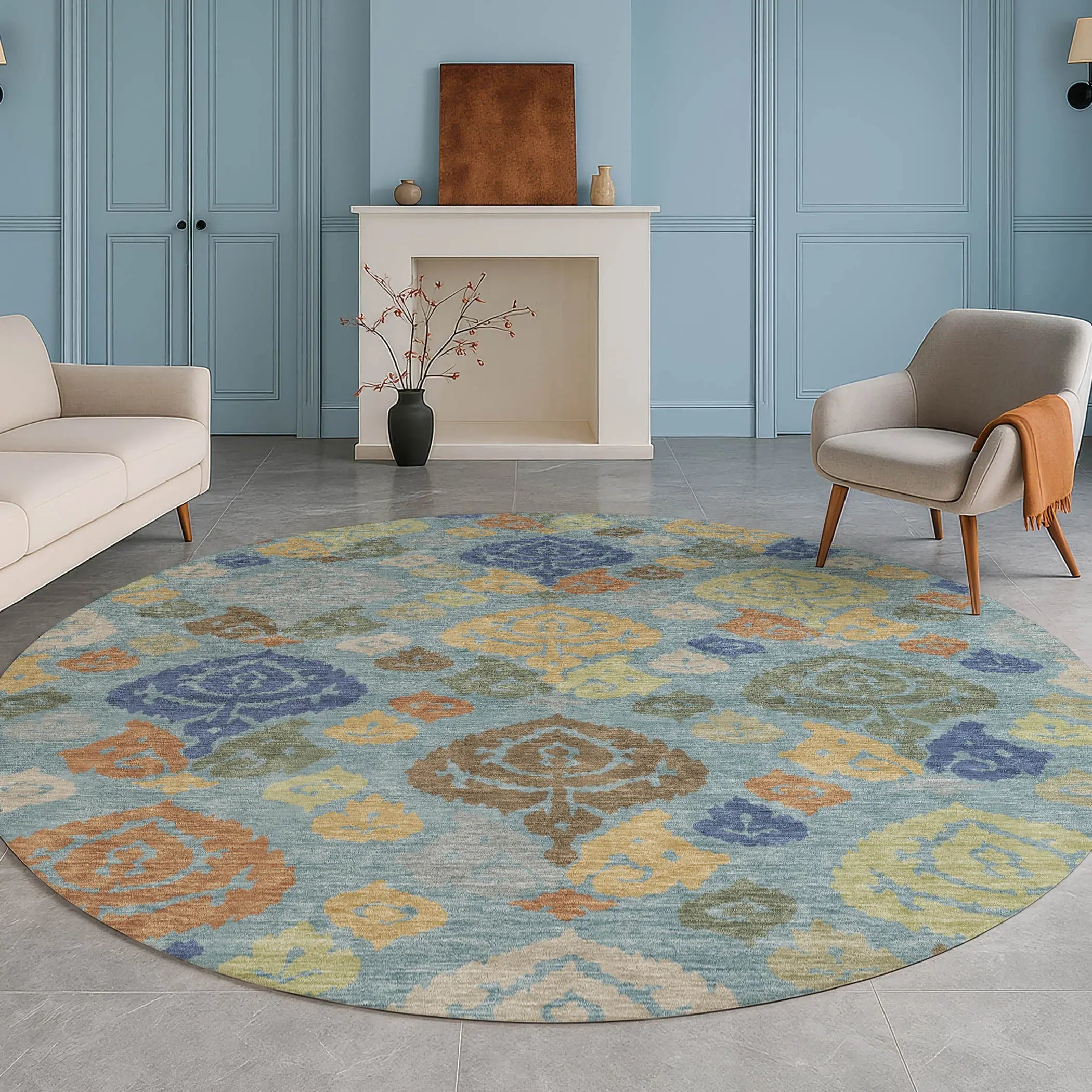 8' Teal Blue And Navy Blue Round Damask Washable Indoor Outdoor Area Rug Homeroots Outdoor