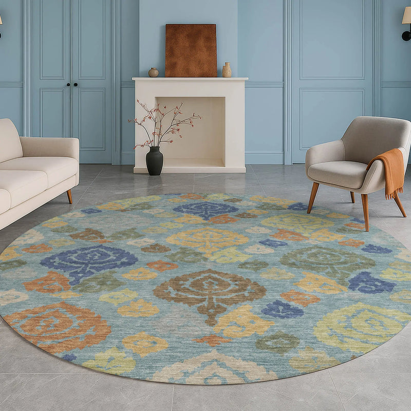 8' Teal Blue And Navy Blue Round Damask Washable Indoor Outdoor Area Rug Homeroots Outdoor