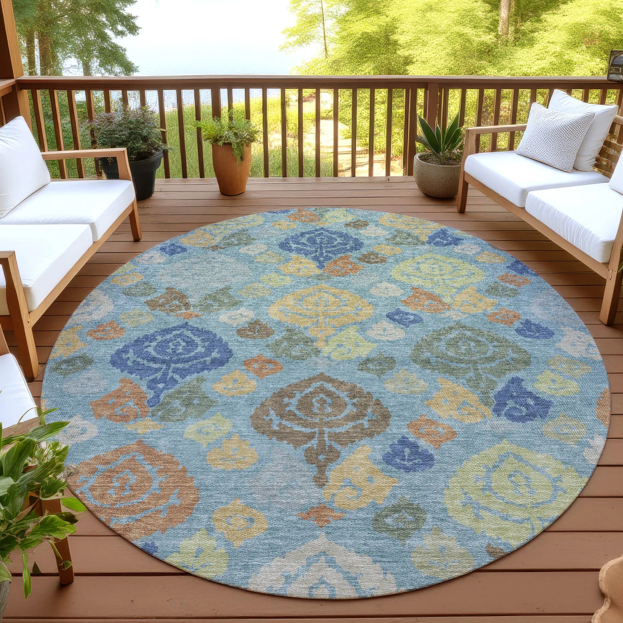 8' Teal Blue And Navy Blue Round Damask Washable Indoor Outdoor Area Rug Homeroots Outdoor