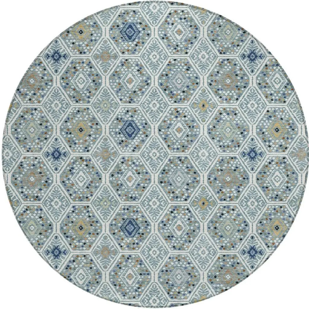 8' Teal Blue And Navy Blue Round Geometric Washable Indoor Outdoor Area Rug Homeroots Outdoor