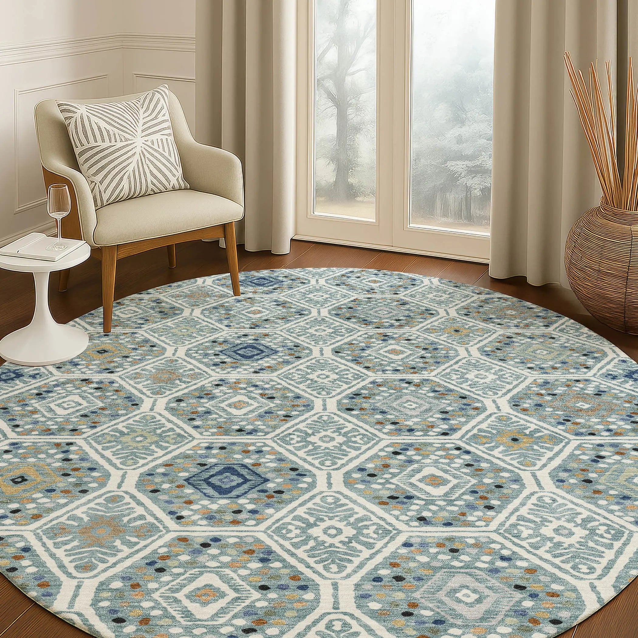 8' Teal Blue And Navy Blue Round Geometric Washable Indoor Outdoor Area Rug Homeroots Outdoor