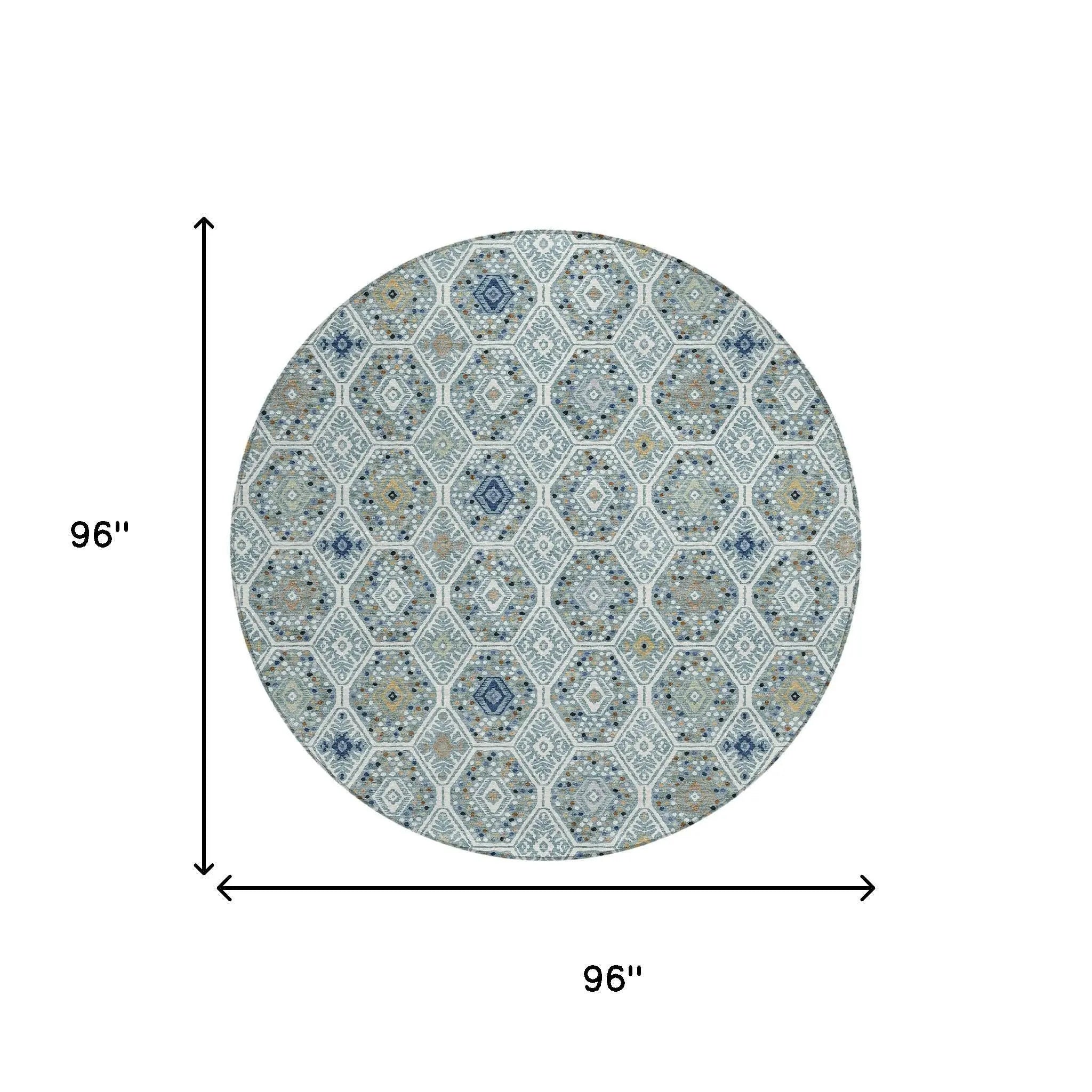 8' Teal Blue And Navy Blue Round Geometric Washable Indoor Outdoor Area Rug Homeroots Outdoor