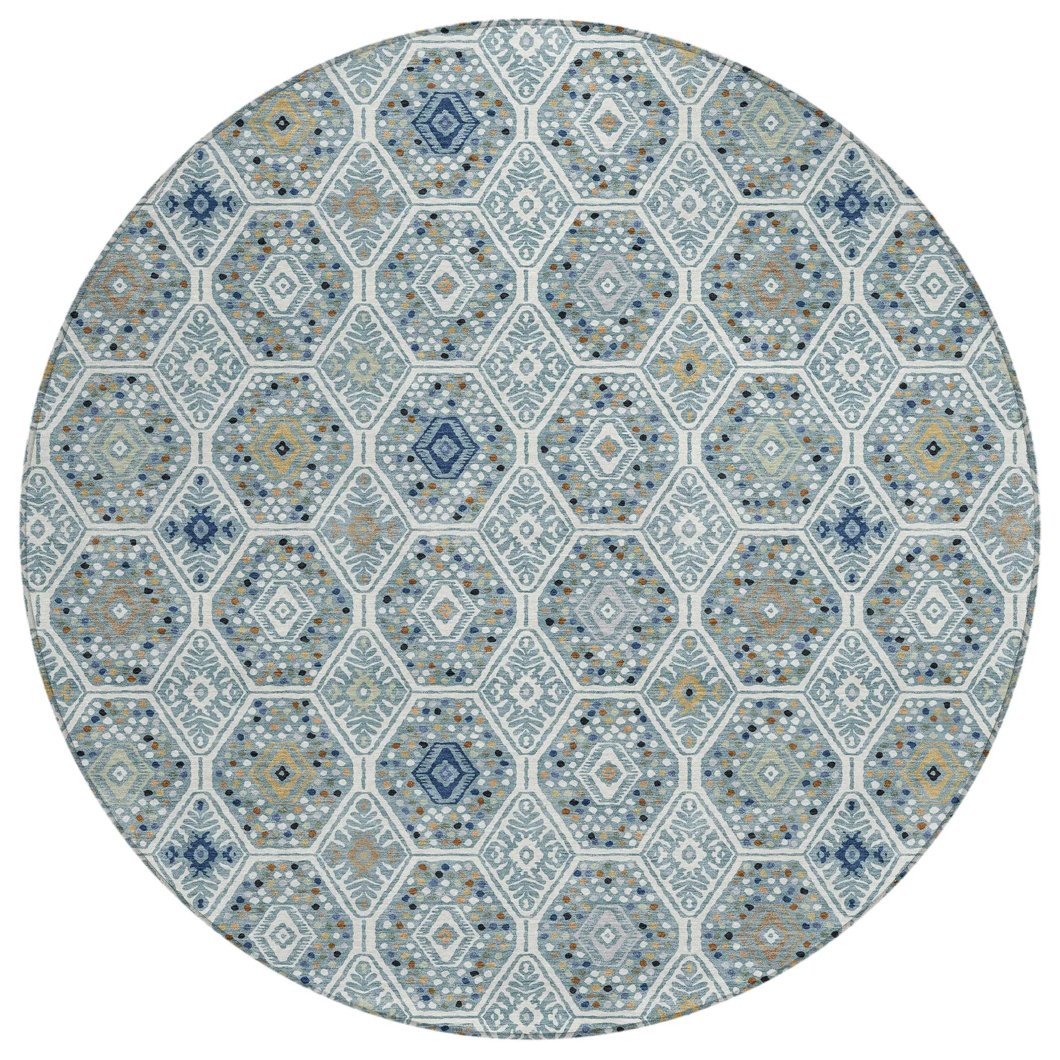 8' Teal Blue And Navy Blue Round Geometric Washable Indoor Outdoor Area Rug Homeroots Outdoor