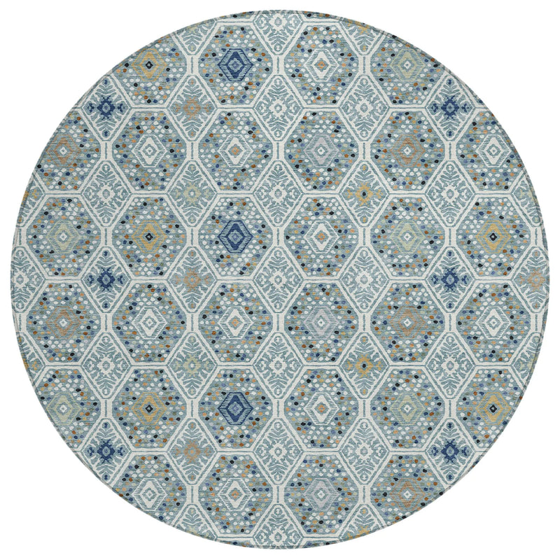8' Teal Blue And Navy Blue Round Geometric Washable Indoor Outdoor Area Rug Homeroots Outdoor