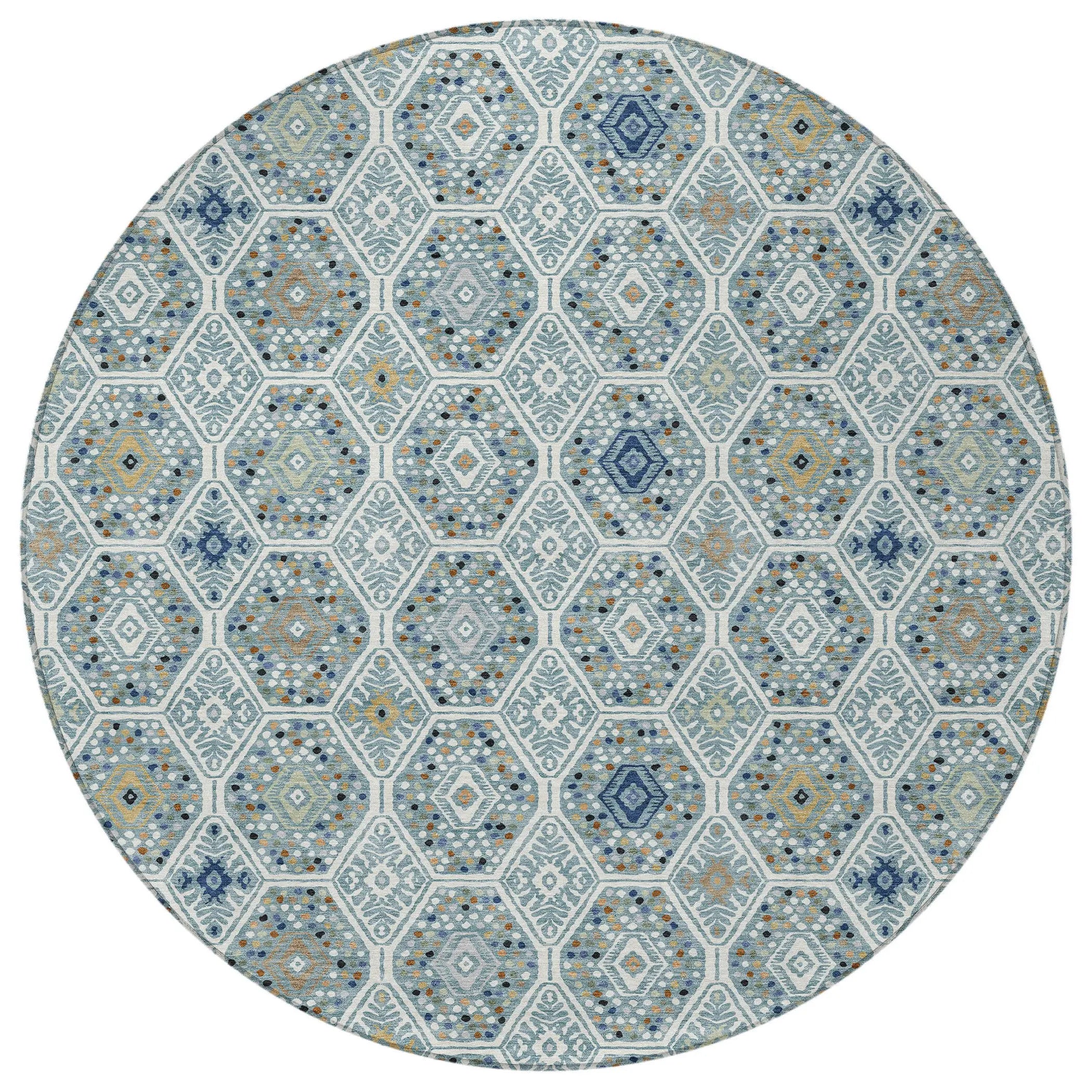 8' Teal Blue And Navy Blue Round Geometric Washable Indoor Outdoor Area Rug Homeroots Outdoor