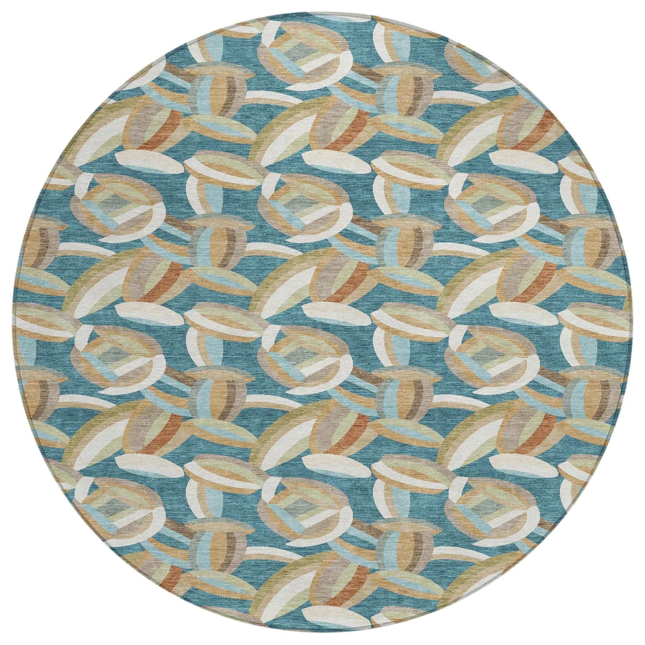 8' Teal Blue And Orange Round Abstract Washable Indoor Outdoor Area Rug Homeroots Outdoor