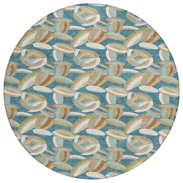 8' Teal Blue And Orange Round Abstract Washable Indoor Outdoor Area Rug Homeroots Outdoor