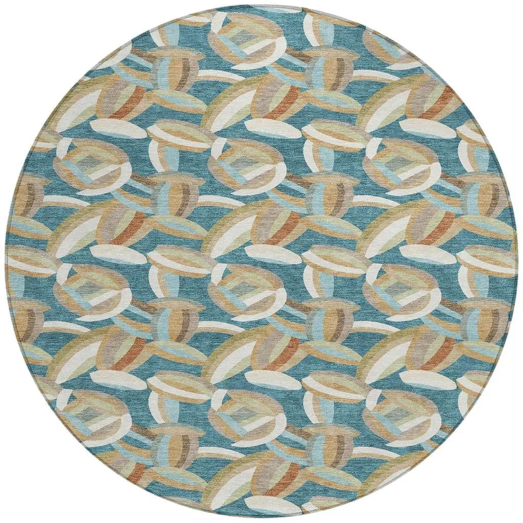 8' Teal Blue And Orange Round Abstract Washable Indoor Outdoor Area Rug Homeroots Outdoor