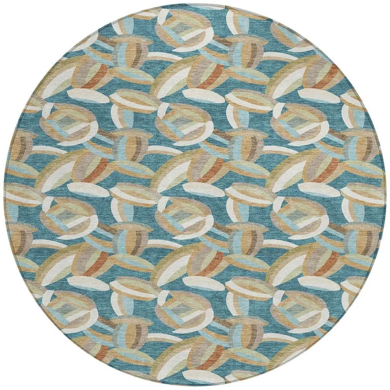 8' Teal Blue And Orange Round Abstract Washable Indoor Outdoor Area Rug Homeroots Outdoor