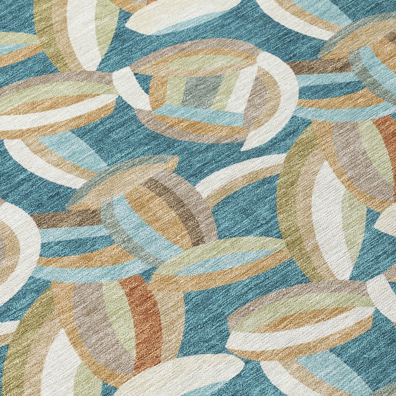 8' Teal Blue And Orange Round Abstract Washable Indoor Outdoor Area Rug Homeroots Outdoor