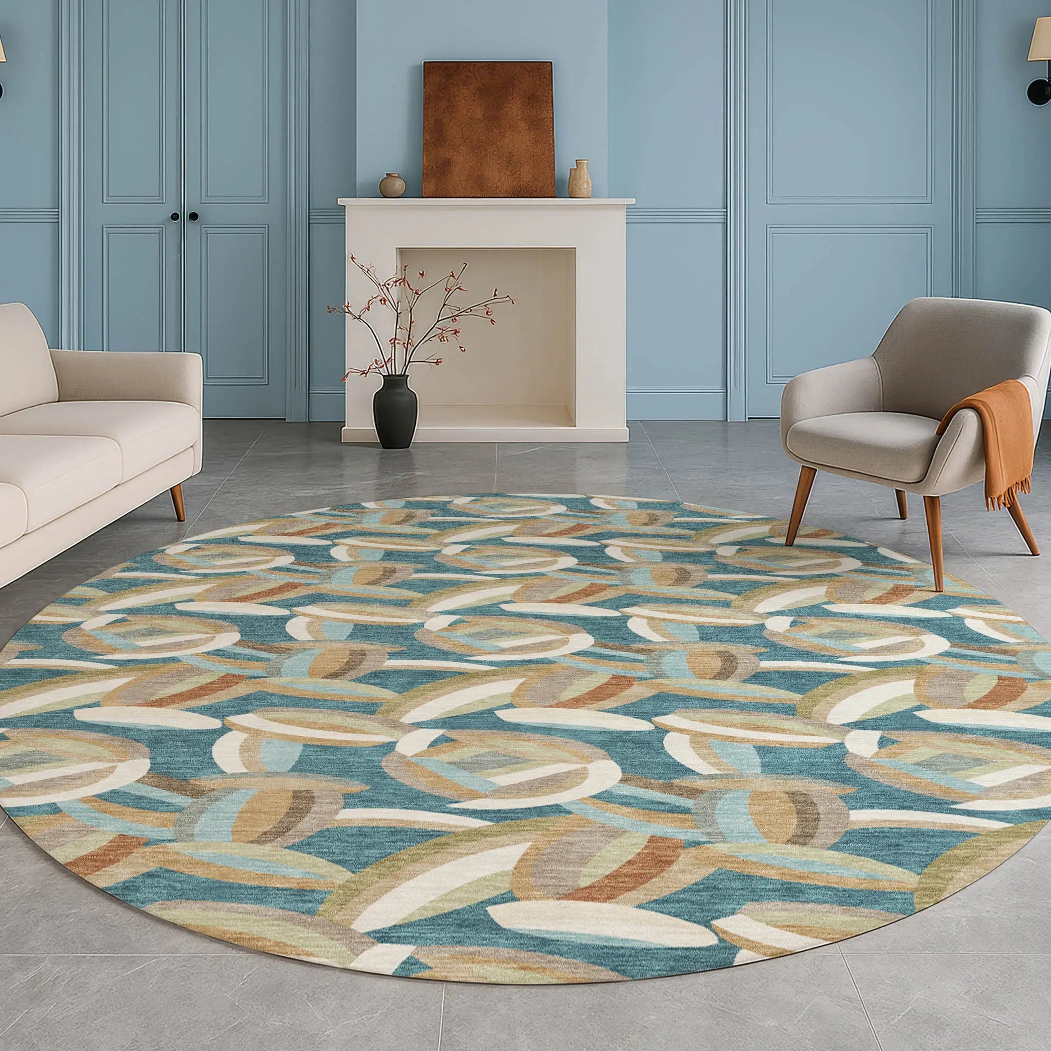 8' Teal Blue And Orange Round Abstract Washable Indoor Outdoor Area Rug Homeroots Outdoor