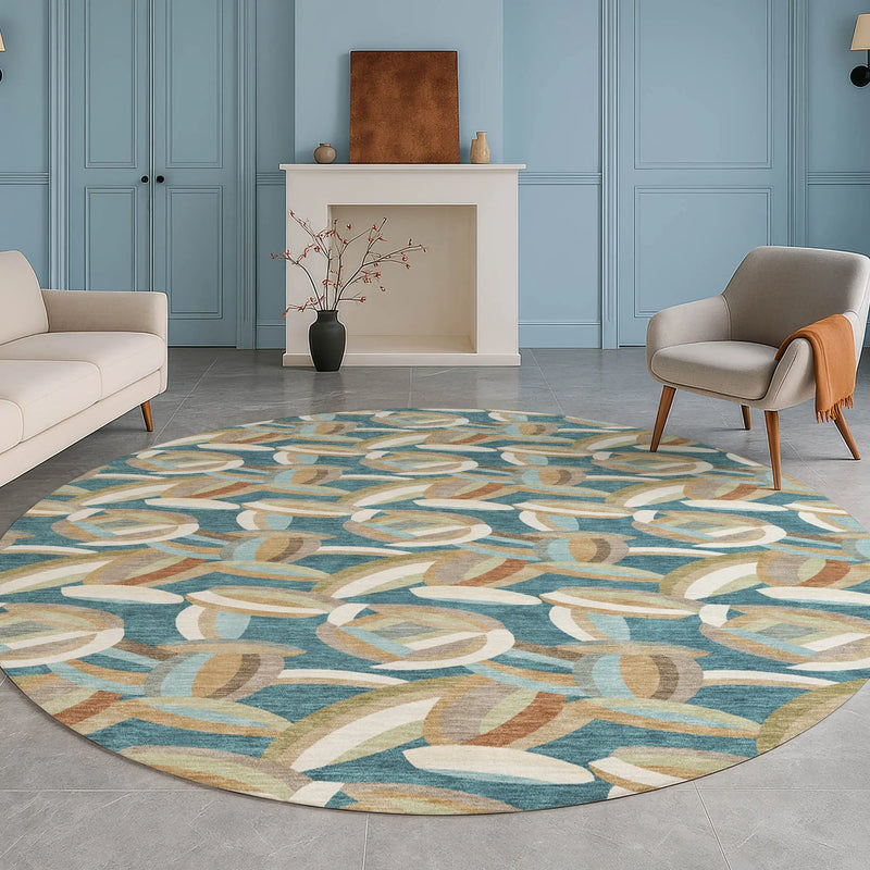 8' Teal Blue And Orange Round Abstract Washable Indoor Outdoor Area Rug Homeroots Outdoor