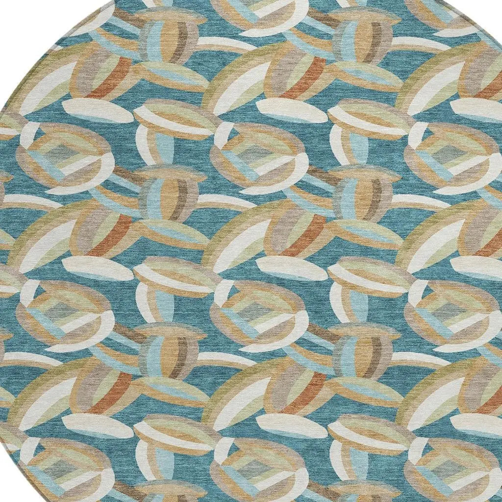 8' Teal Blue And Orange Round Abstract Washable Indoor Outdoor Area Rug Homeroots Outdoor