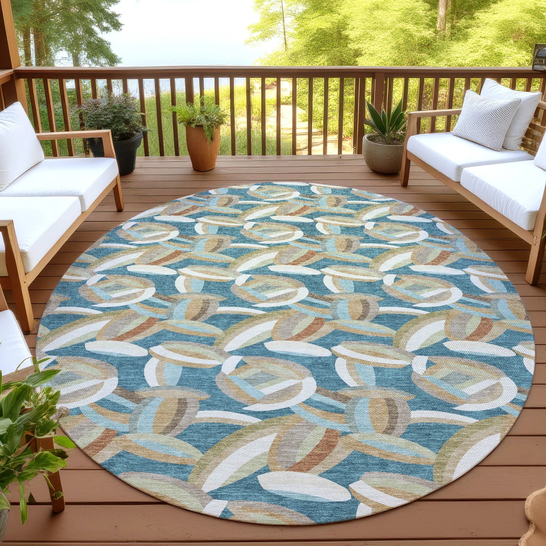 8' Teal Blue And Orange Round Abstract Washable Indoor Outdoor Area Rug Homeroots Outdoor