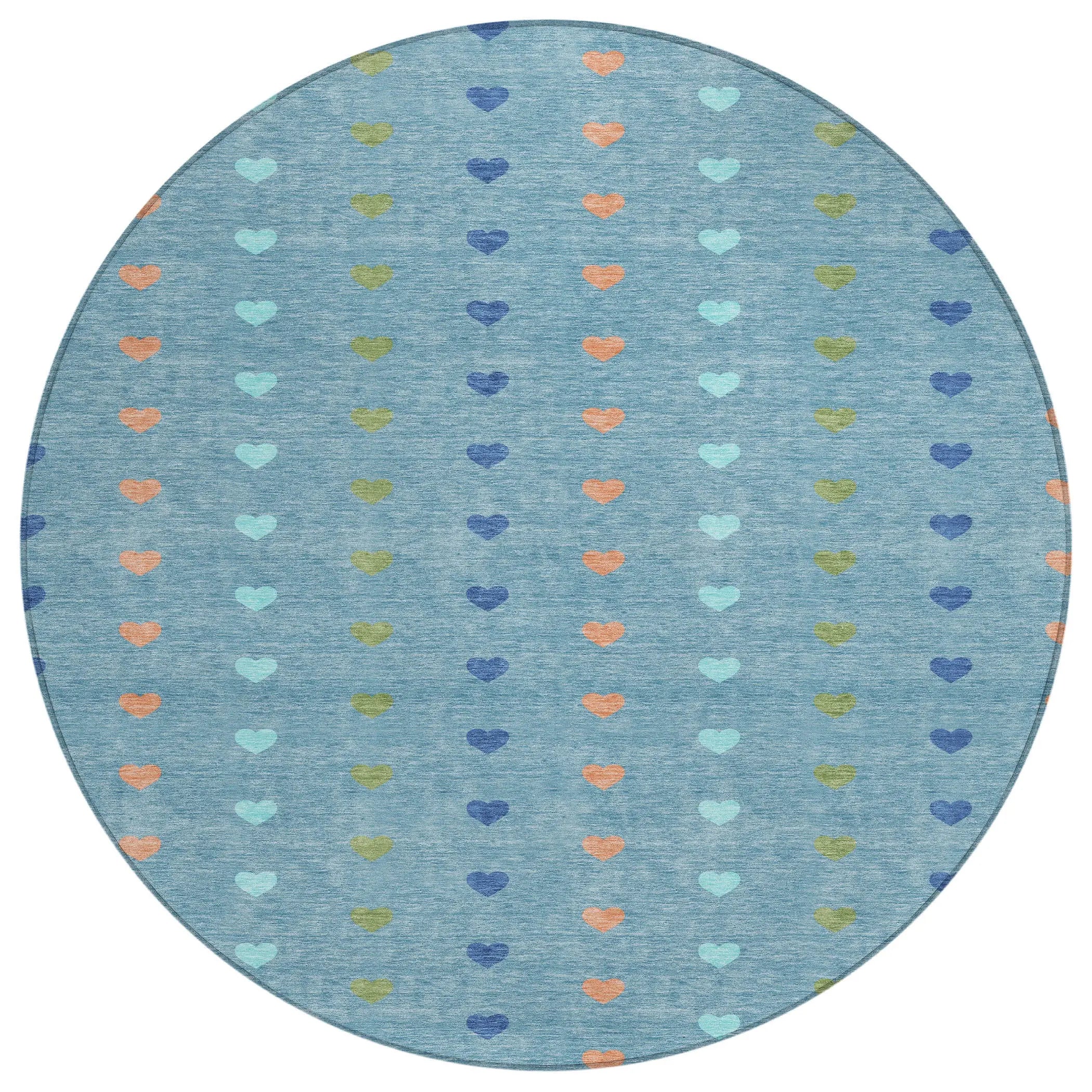 8' Teal Blue And Peach Round Geometric Washable Indoor Outdoor Area Rug Homeroots Outdoor