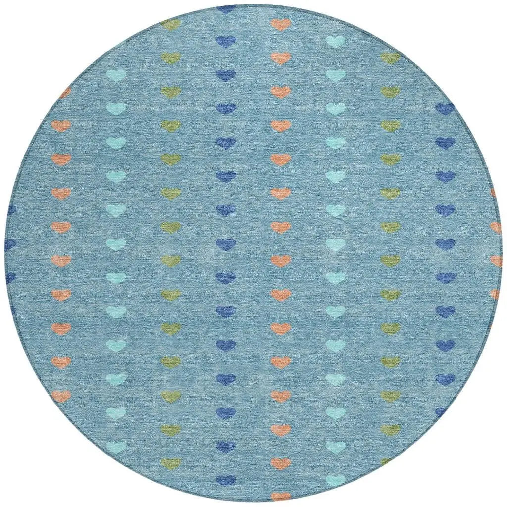 8' Teal Blue And Peach Round Geometric Washable Indoor Outdoor Area Rug Homeroots Outdoor