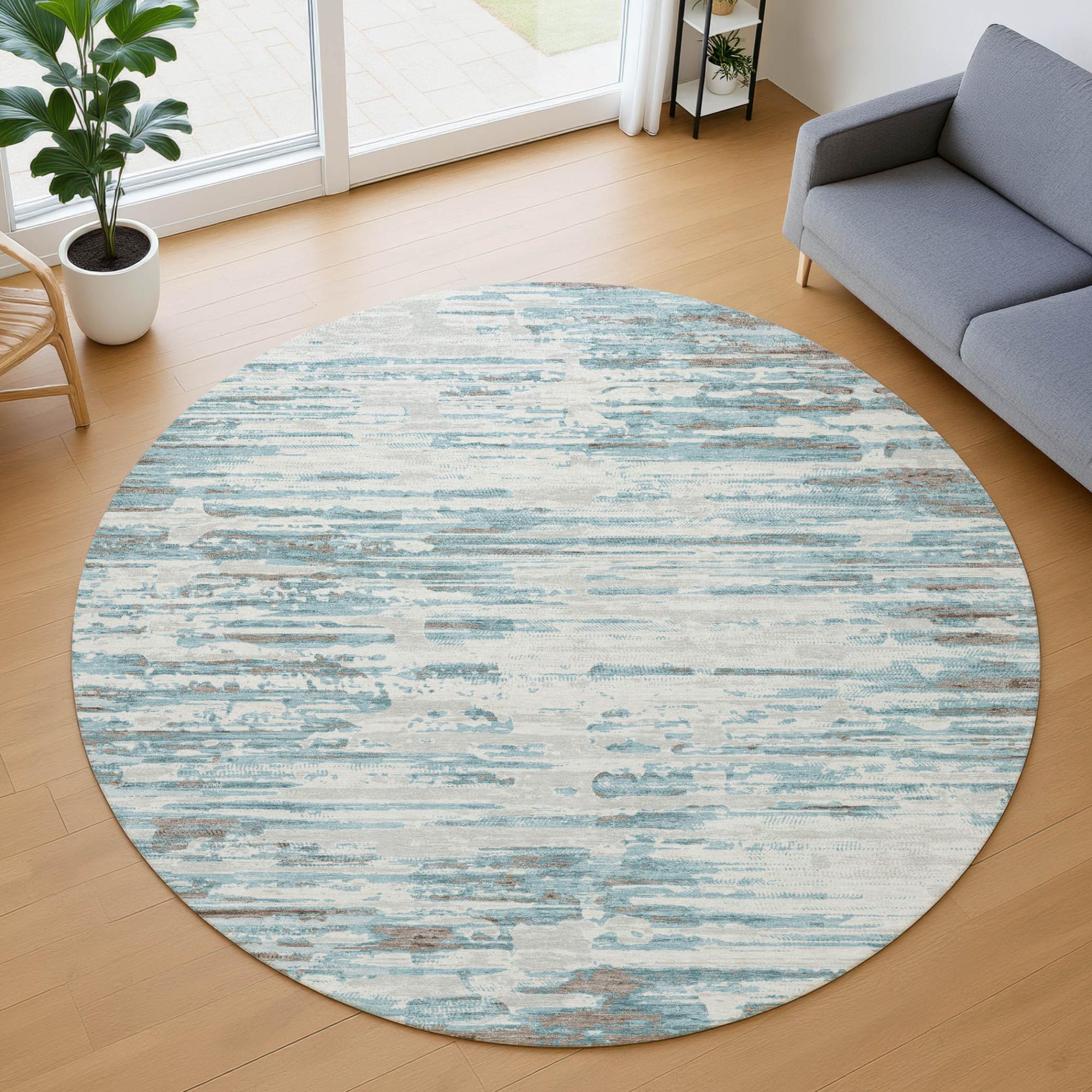 8' Teal Blue And Pewter Round Abstract Washable Indoor Outdoor Area Rug Homeroots Outdoor