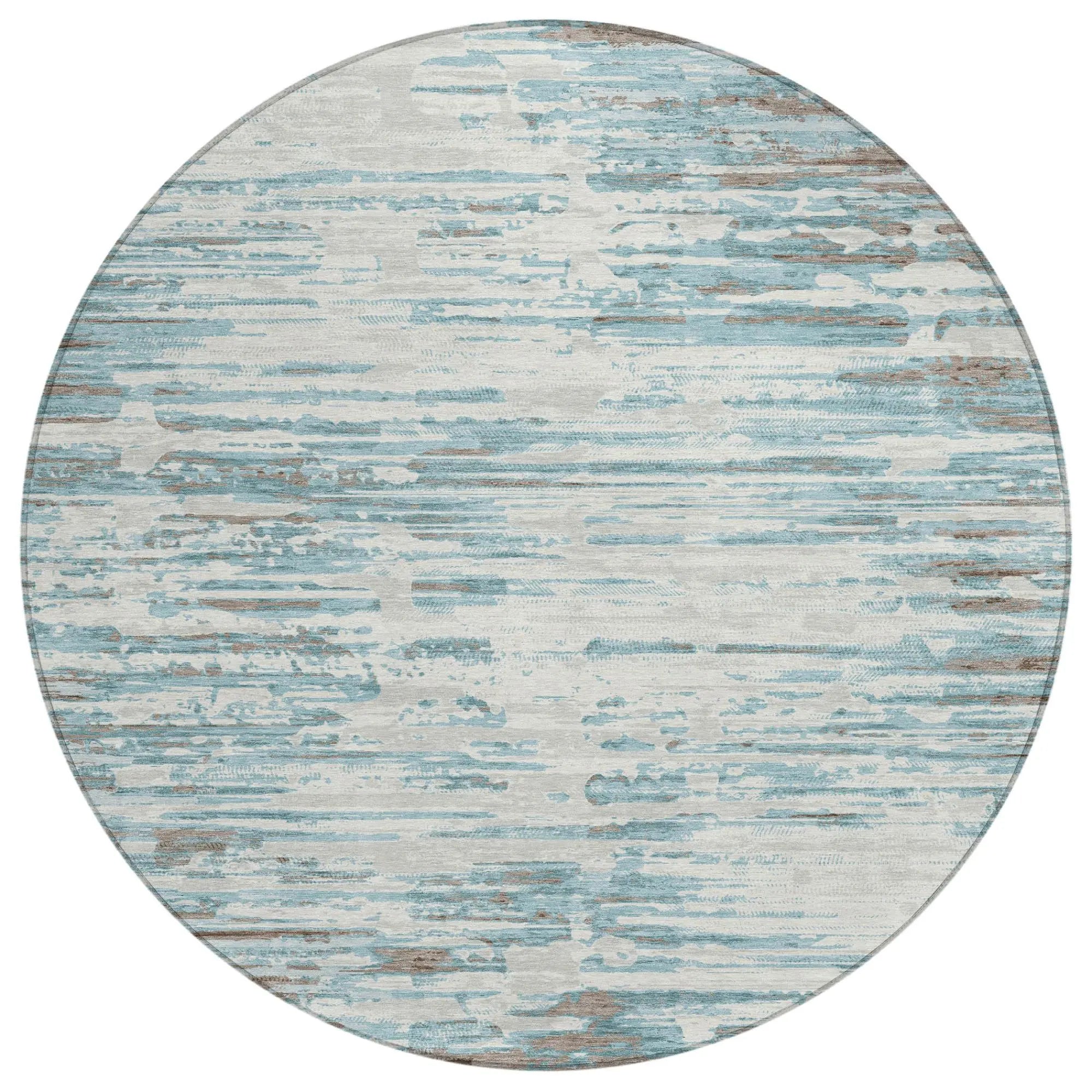 8' Teal Blue And Pewter Round Abstract Washable Indoor Outdoor Area Rug Homeroots Outdoor