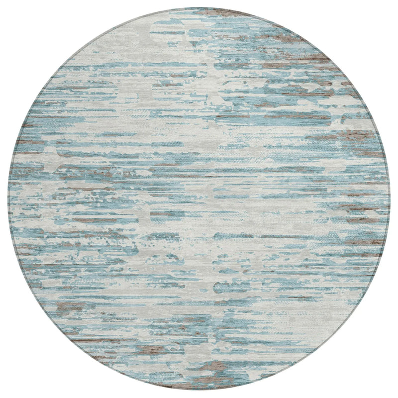 8' Teal Blue And Pewter Round Abstract Washable Indoor Outdoor Area Rug Homeroots Outdoor